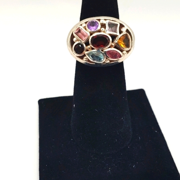 Multi Gemstone Aquamarine Amethyst Garnet Citrine Ruby Sterling Silver Ring 6.75 - Picture 2 of 7